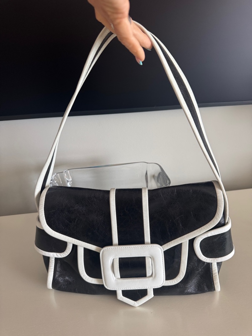 Trina Turk Black Shoulder Bag with White Trim and Buckle - Picture 5 of 6